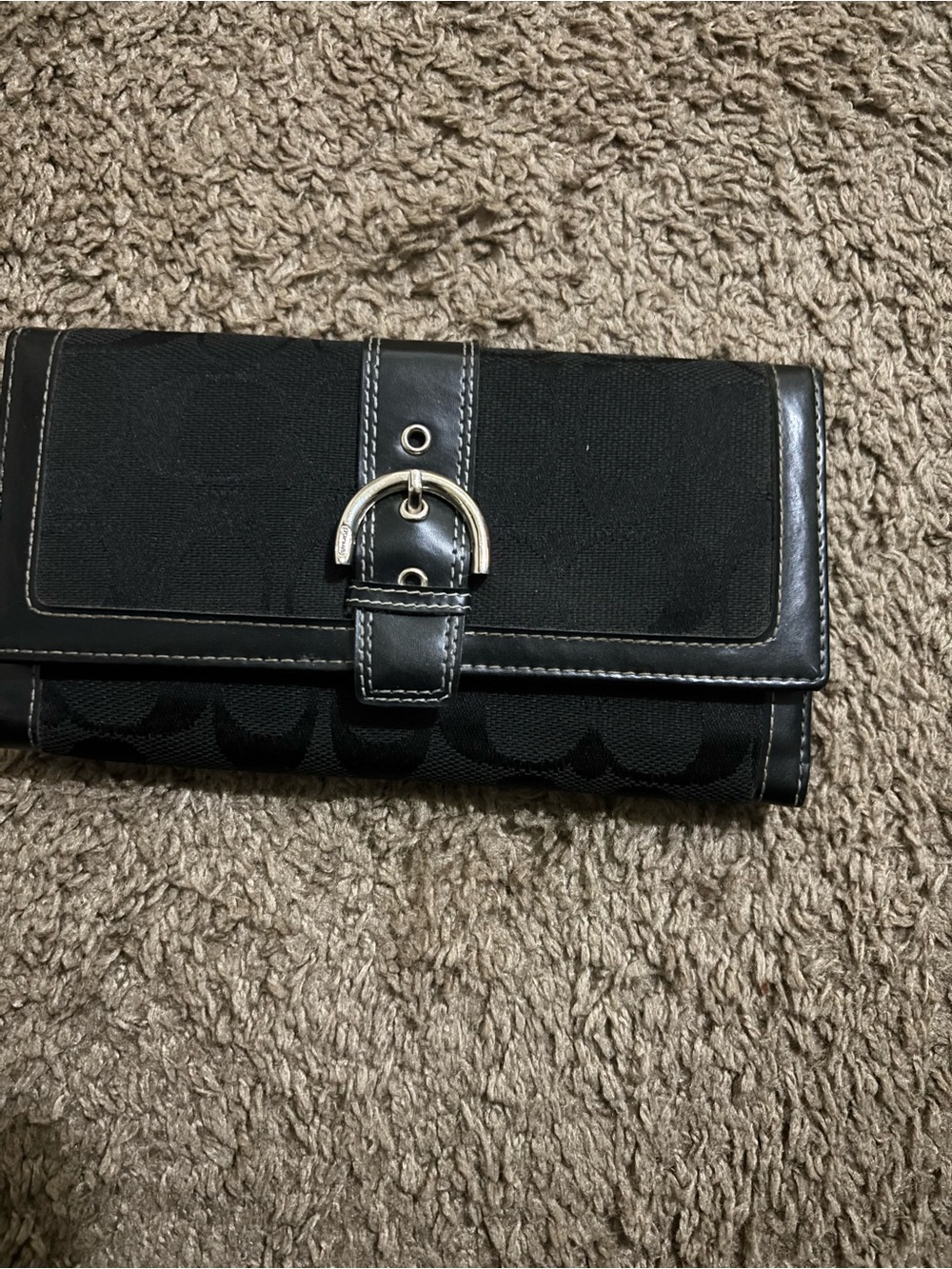 Coach Black Fold-Over Wallet with Silver Buckle Accent